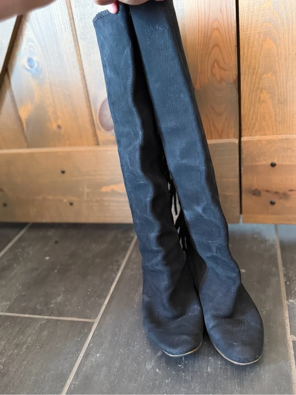 American Vintage Black Over-the-Knee Fringe Leather Boots